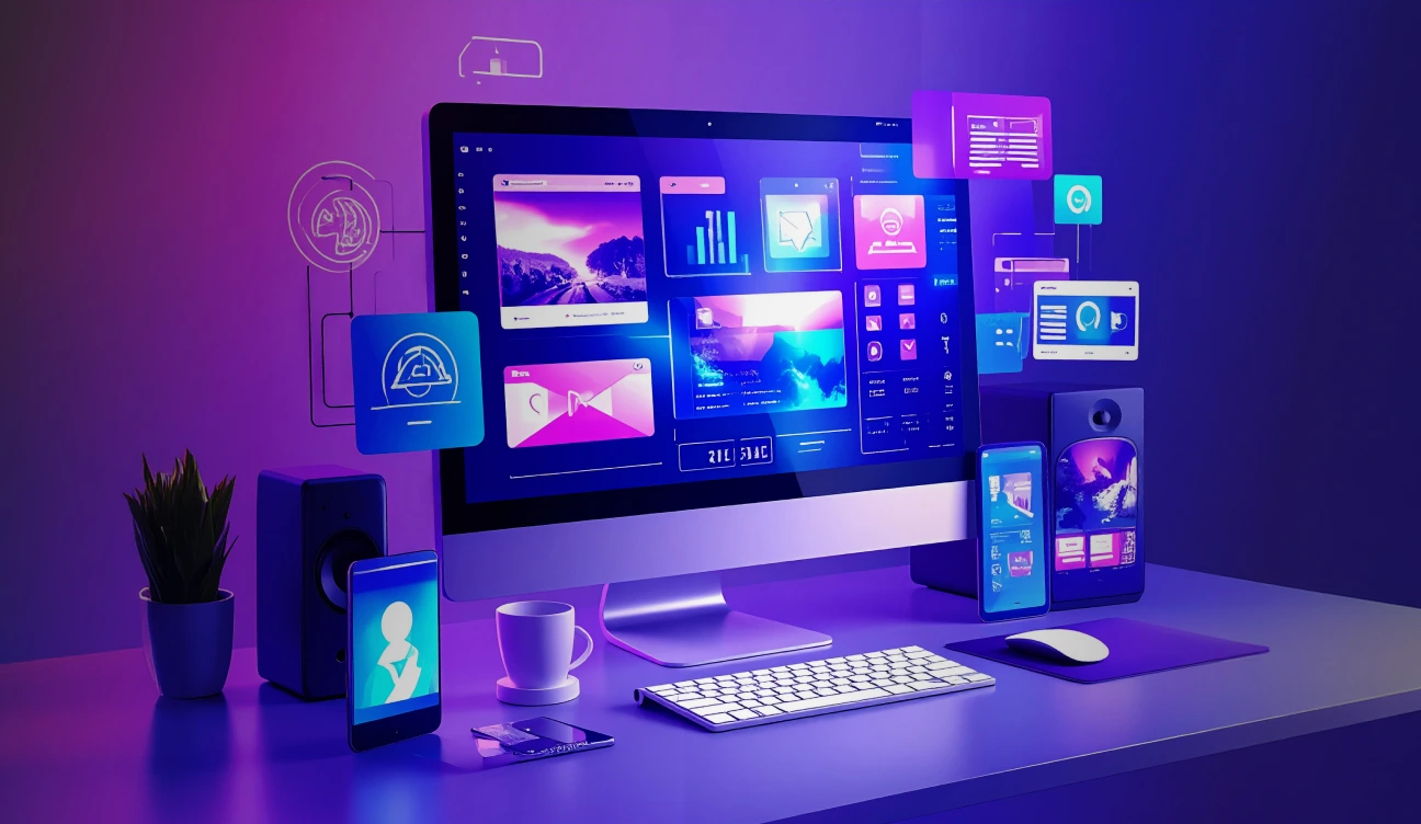 Modern desktop representing google ad optimization tools and enhanced conversions for leads in a glowing purple interface.