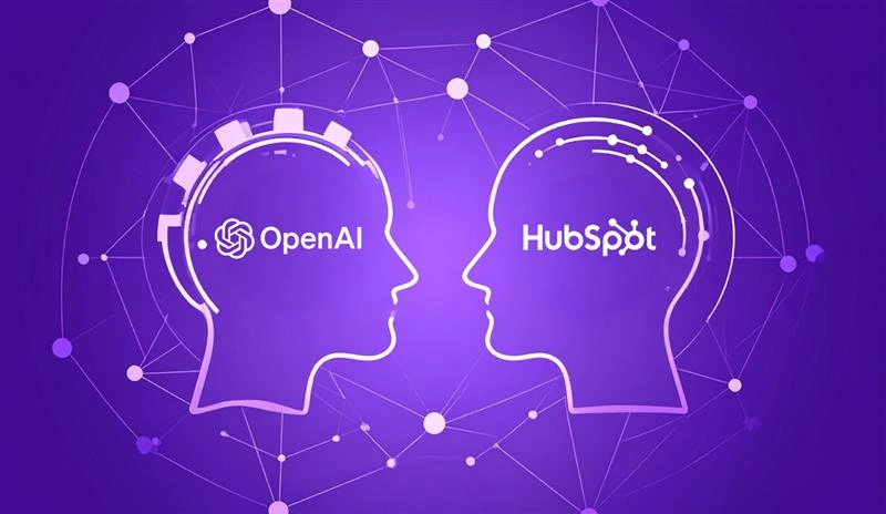Heads labeled HubSpot and OpenAI face each other, symbolizing the OpenAI Connector and integration of AI with CRM tools.