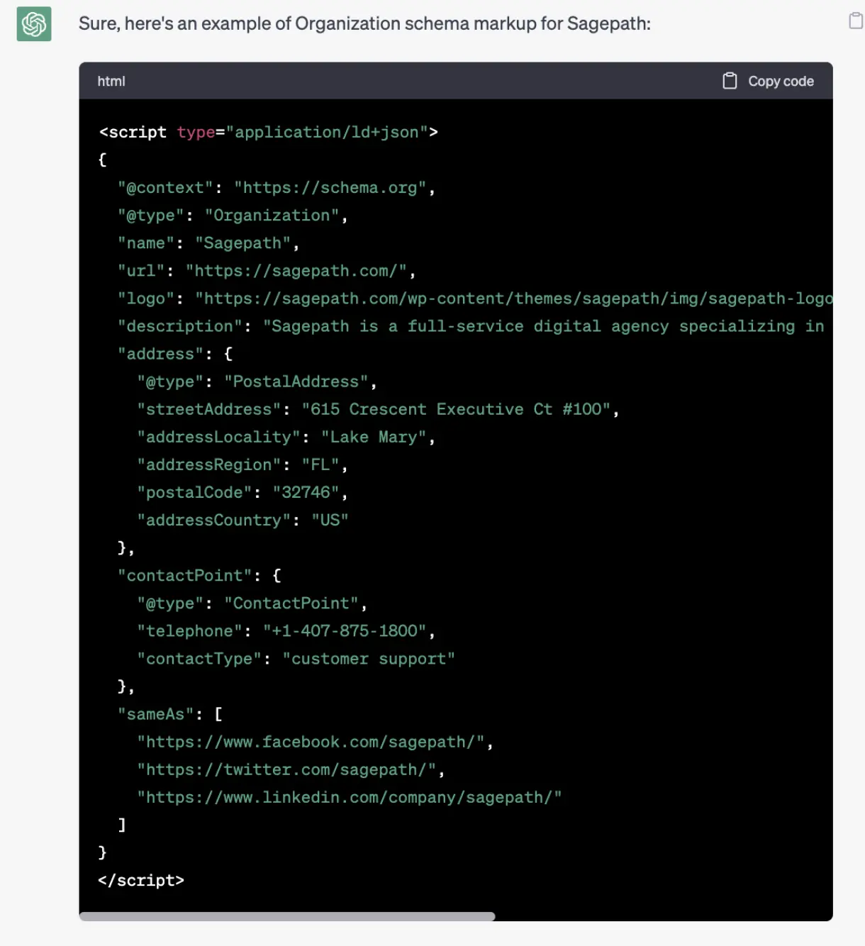 Screenshot of ChatGPT response showing JSON-LD encoded schema markup using placeholders.