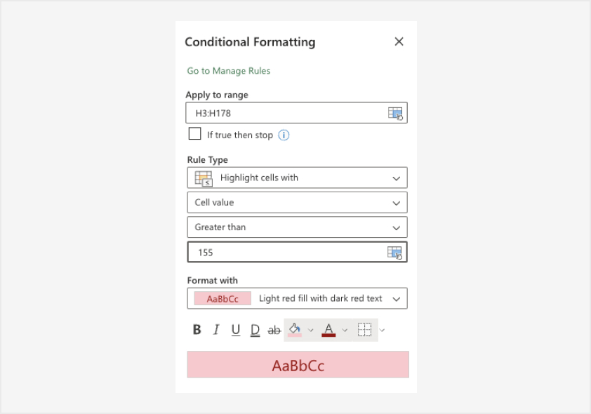 Stylized screen shot of second step of conditional formatting in excel.