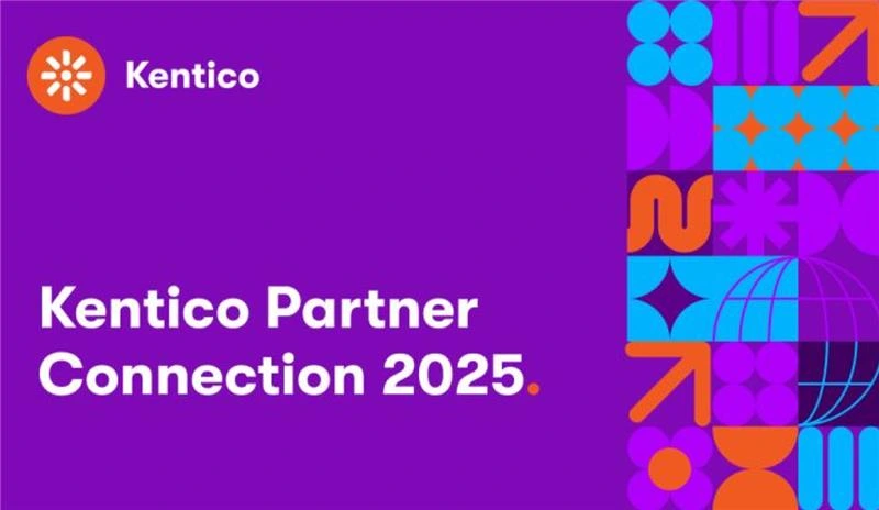 Kentico Partner Connection 2025 event branding with bold shapes and bright colors.