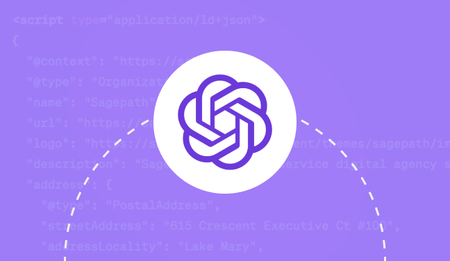 ChatGPT logo on top of schema markup code example written in JSON-LD