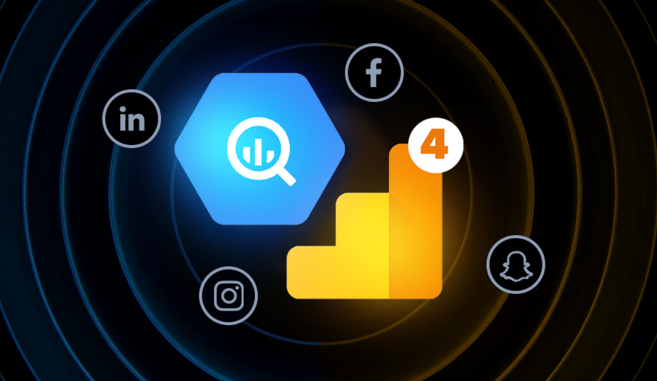 Graphic showing different social media icons, GA4 and Google Big Query icons