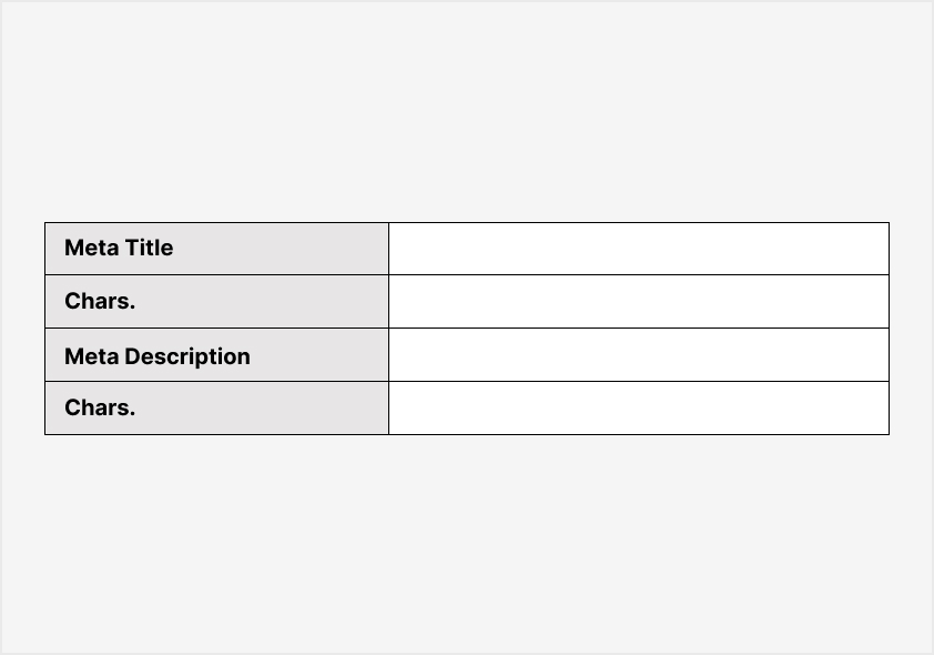 Stylized screen shot of meta title and meta description fields in Excel with character count cells.