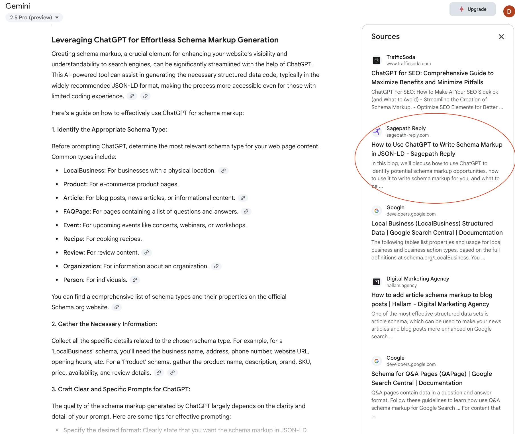 Screenshot showing a generative search result in Gemini highlighting sources, with one citation expanded next to an article on schema markup using ChatGPT.