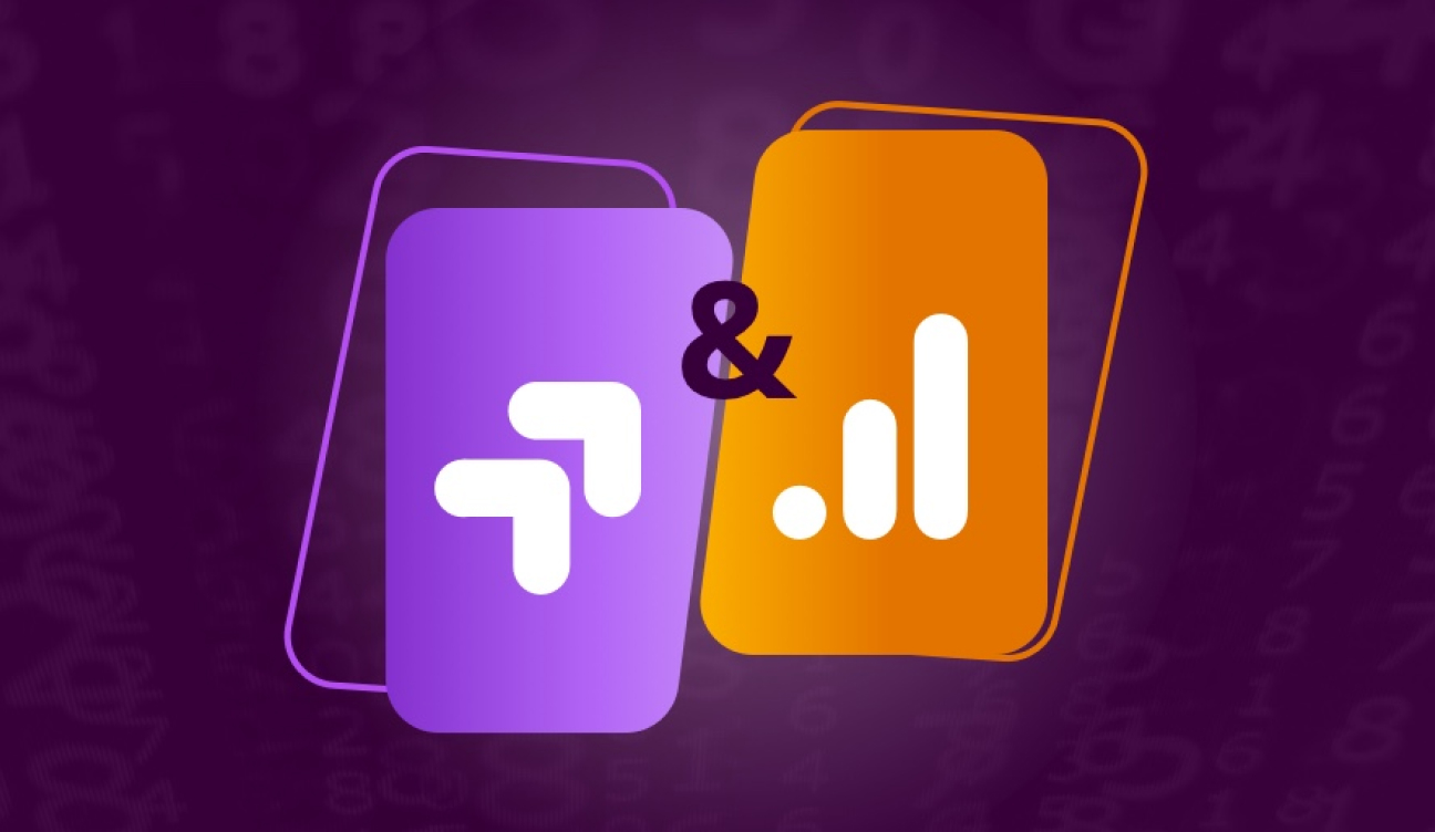 Purple and orange cards with analytics icons on a purple background, representing integration of two different tools or platforms.