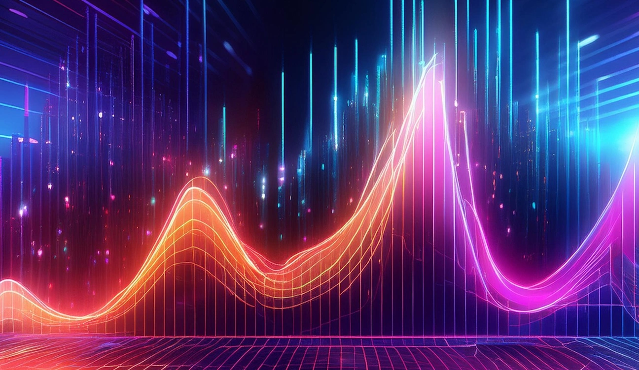 Colorful digital data waves and futuristic graphs representing 2024 SEO trends and analytics in a vibrant, neon-lit design.