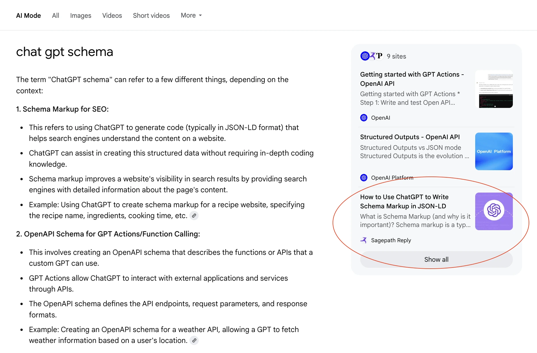 Google AI mode search result for “chat gpt schema,” with Sagepath Reply cited in a sidebar as a key source.