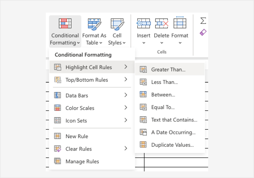 Screen shot of conditional formatting in excel, step one.