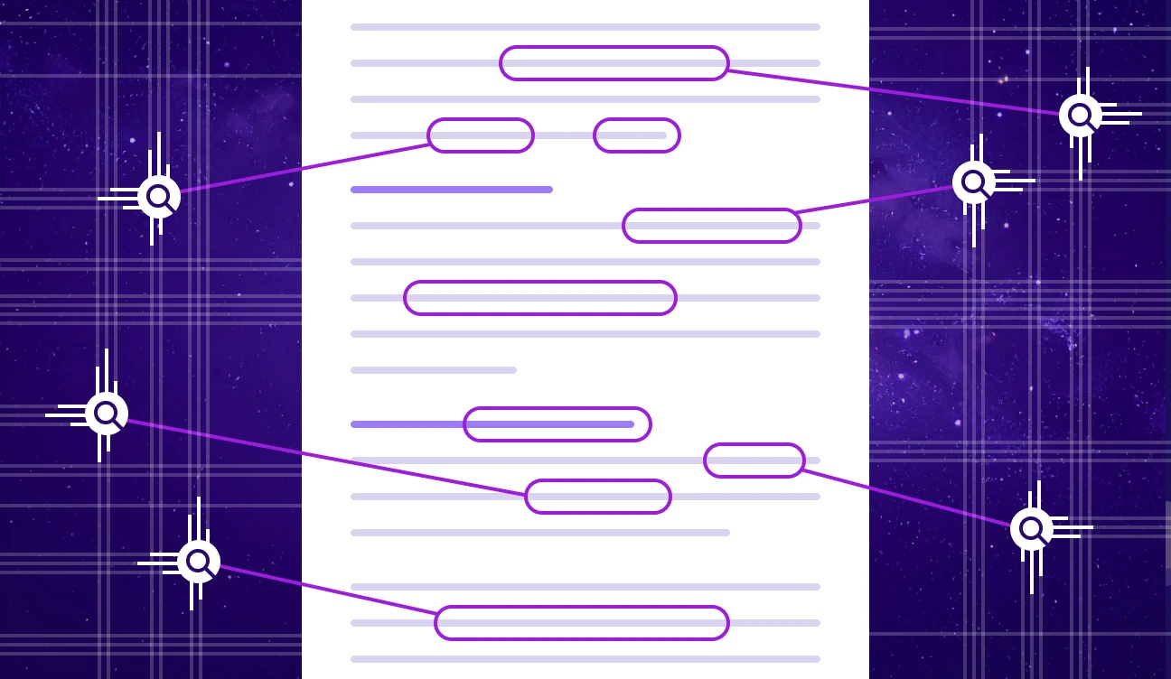 Illustration of citations being extracted from a document, linked to magnifying glass icons, representing generative search results.