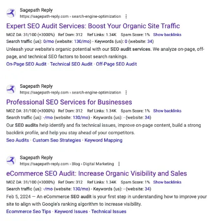 A screenshot of Google search results for Sagepath Reply's website, showcasing optimized meta titles and descriptions for SEO services, such as 'Expert SEO Audit Services,' 'Professional SEO Services for Businesses,' and 'eCommerce SEO Audit.' Each result highlights targeted keywords and metadata.