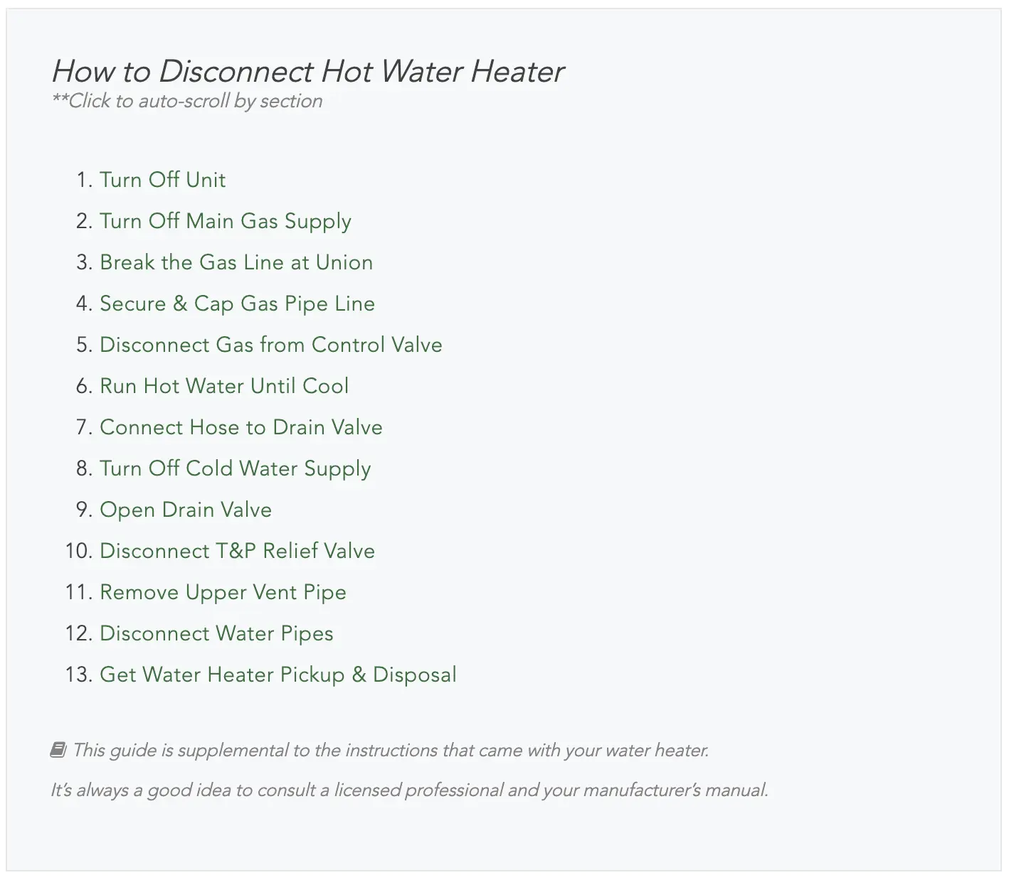 Screenshot of a table of contents titled 'How to Disconnect Hot Water Heater,' to illustrate structured content for AI optimization.