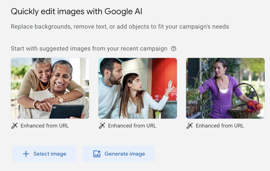 Google Ads interface offering to quickly edit images with AI. Three suggested images are shown, labeled "Enhanced from URL," with buttons to select or generate an image.