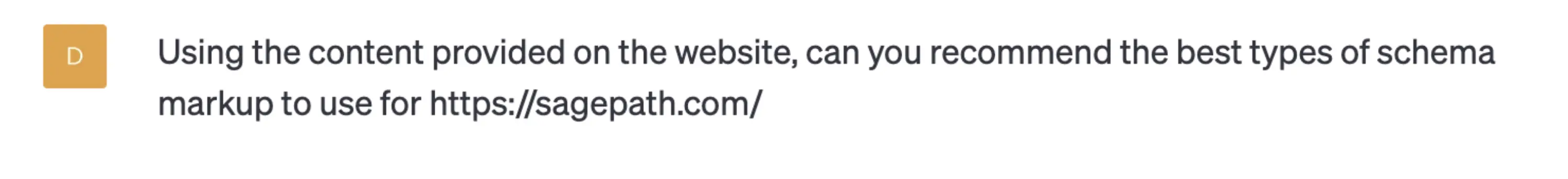 Screenshot from ChatGPT asking it to recommend schema markup types for Sagepath website