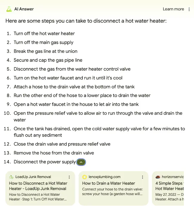 Screenshot of an AI-generated answer listing steps to disconnect a hot water heater to showcase how optimization can result in AIO.