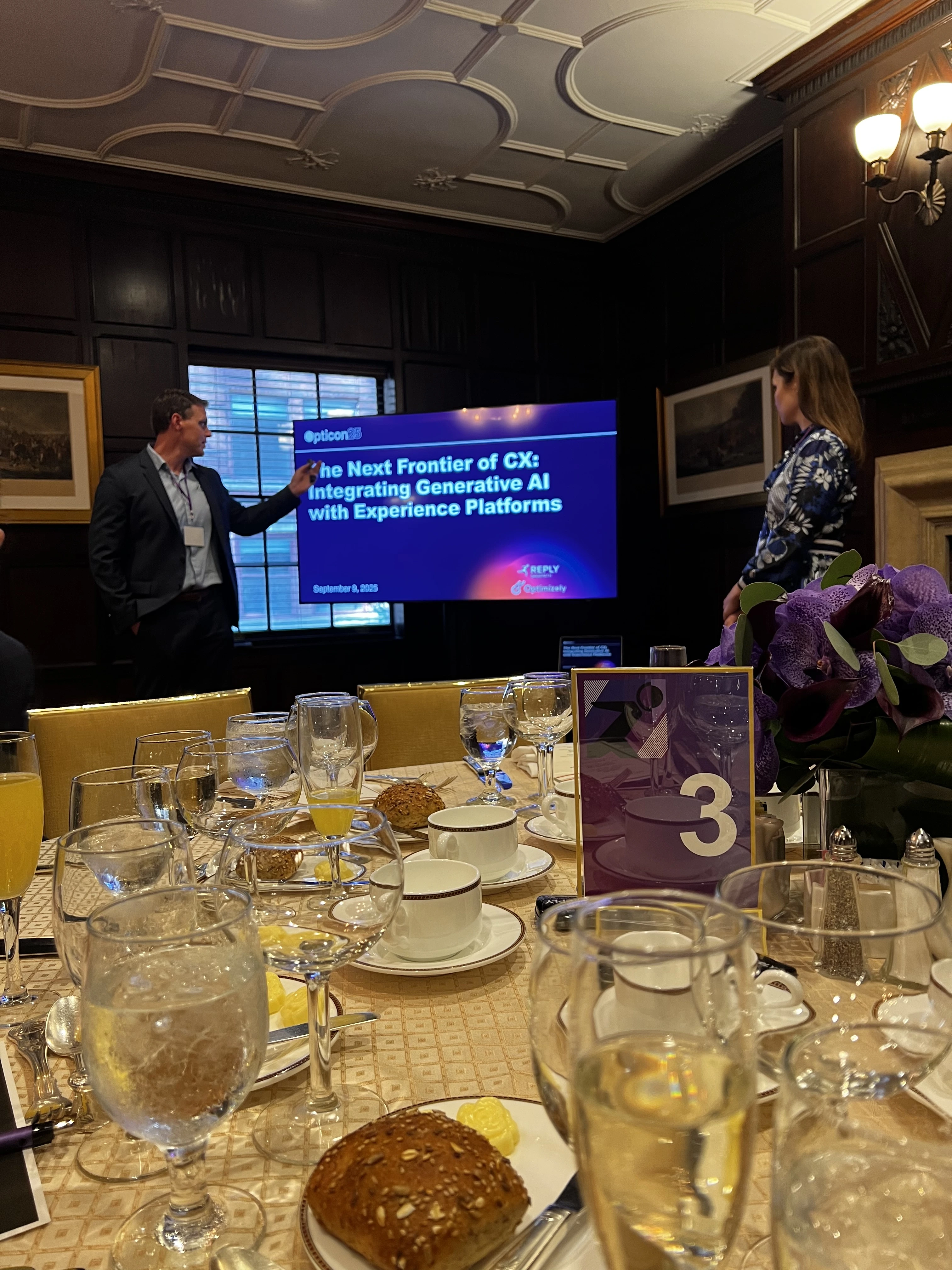 Sagepath Reply kicks off a session on CX and AI at Opticon 2025, with lunch at Harvard Club in full swing.