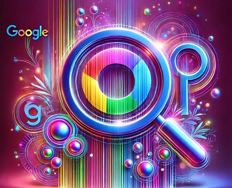 Vibrant magnifying glass over Google's colorful logo with glowing patterns, symbolizing analysis of on-page SEO factors.