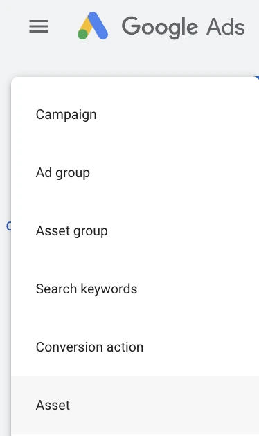A dropdown menu in Google Ads displaying navigation options including Campaign, Ad group, Asset group, Search keywords, Conversion action, and Asset.